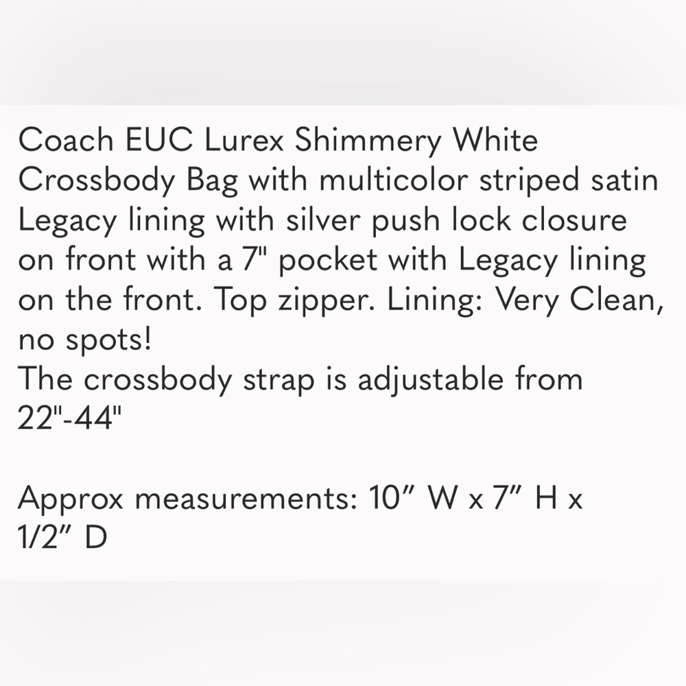 Coach EUC Lurex Silver & Shimmery White Crossbody Bag with satin Legacy lining. - Picture 13 of 13